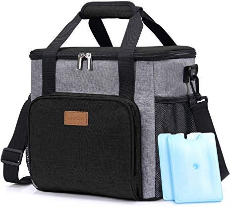 Lifewit Insulated Thermal Lunch Bag 15L ( 24-Can ) Cooler Bag Lunch Box Soft Cooler for Sports / Work / Meal Prep/Beach Hoilday/Picnic, Lunch Bag Keep Food Hot Cold Fresh, 11 x 8.6 x 11 inch, Black [ with 2 Ice Packs & Bottle Opener ]