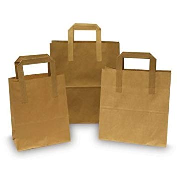 50 x Brown Paper Food / Takeaway / Party Bags with Flat Handles - 7" x 8.5" x 3" (Small)