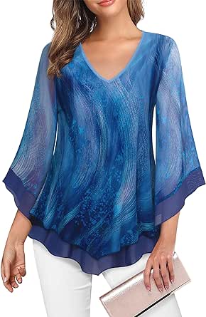 Lotusmile Womens Dressy Blouse Double Layers Mesh Shirt Ruffle 3/4 Flared Sleeve Tunic Tops