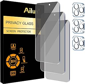 Ailun 3Pack Privacy Screen Protector for iPhone 15 Pro [6.1 inch] 3Pack Camera Lens Protector,Sensor Protection,Dynamic Island Compatible,Anti Spy Private Tempered Glass,[9H Hardness]-HD[Black][6 Pack]