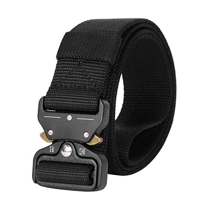 MOZETO Mens Tactical Nylon webbing Belt with V-Ring Heavy-Duty Quick-Release Alloy Buckle Adjustable Size