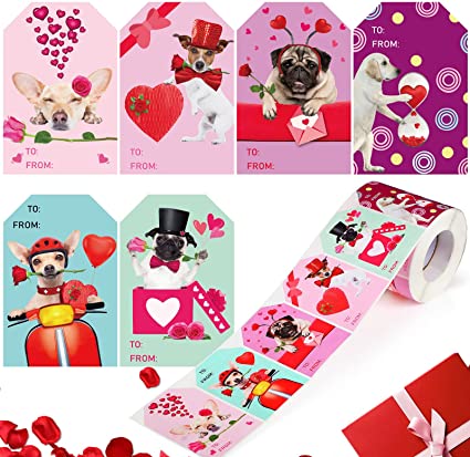 500 Pieces Valentine's Day Name Tags Stickers Dog Heart Valentines Present Tags Valentine Stickers to and from Valentines Day Stickers for Gift Boxes, Envelopes, Package, 3 x 2 Inch