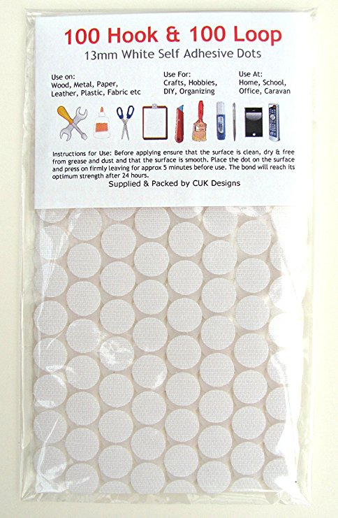 200 Sticky Dots White 13mm Self Adhesive - 100 Hook plus 100 Loop by CUK Designs