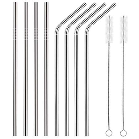 YIHONG Set of 8 Stainless Steel Straws Ultra Long 10.5 Inch Drinking Metal Straws For Tumblers Rumblers Cold Beverage (4 Straight|4 Bent|2 Brushes)