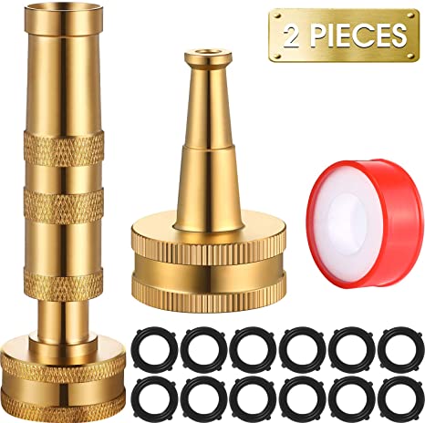 3/4 Inches Brass Garden Hose Nozzle Adjustable Twist Hose Nozzle Sweeper and Sprayer Nozzle High Pressure Jet Nozzle Kit Includes 2 Brass Nozzles, 12 Black Washers and 1 Roll of Tape