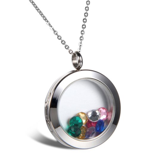 JewelryWe Valentine Gift Living Memory Floating Charm Round Glass Locket Pendant Necklace Stainless Steel, Magnetic Closure - Locket, Charms & Necklace Included