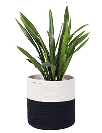 YXMYH Sturdy Woven Cotton Rope Plant Basket for 10" Flower Pot Floor Indoor Planters,11” x 11” Storage Organizer Basket Rustic Home Decor,Toy Storage Basket for Kids' Room,White and Dark Blue Stripes