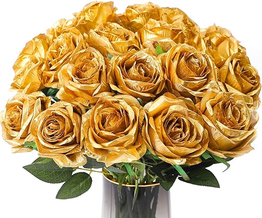 Veryhome 10 Pcs Artificial Gold Flowers Silk Roses Real Touch Bridal Wedding Bouquet for Home Garden Party Floral Decor (Blooming Rose - Gold)