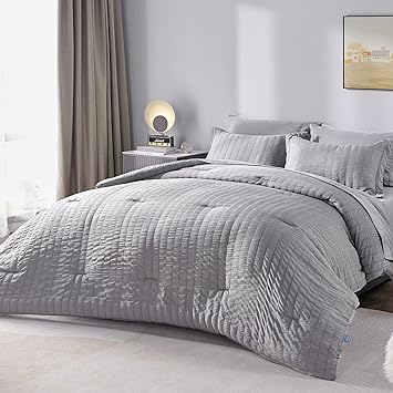 CozyLux Full Bed in a Bag Light Grey Seersucker Textured Comforter Set with Sheets 7-Pieces All Season Bedding Sets with Comforter, Pillow Sham, Flat Sheet, Fitted Sheet and Pillowcase