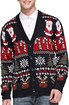 Men's Christmas Rudolph Reindeer Holiday Festive Knitted Sweater Cardigan Cute Ugly Pullover Jumper