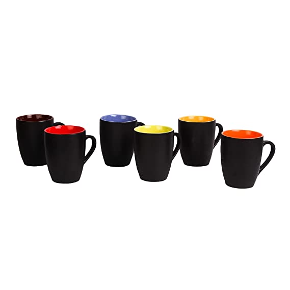 Anwaliya Fauna Series Ceramic Coffee Mugs - 6 Pieces, Matt Black, 250 ML