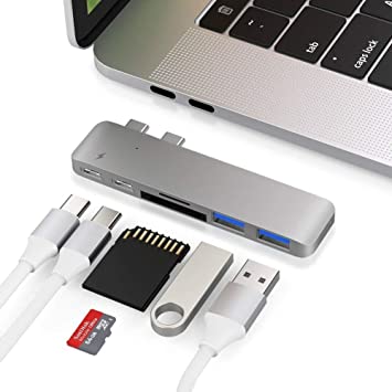 ﻿USB C Hub Multiport Adapter 6 in 2 Portable Aluminum Dongle with Thunderbolt 3 USB C Port, USB C and USB A 3.0 Data Ports, SD and microSD Card Reader