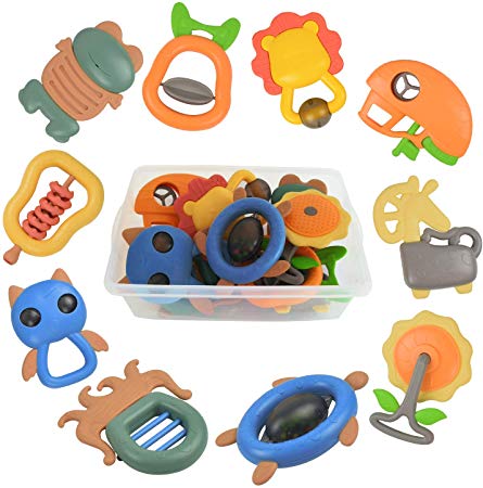Akamino Rattle Toys, 10pcs Baby Rattles Teether Set with Vibrant Color and Various Shapes BPA Free Early Educational Toys for 3, 6, 9, 12 Month Infant, Toddler, Boy, Girl