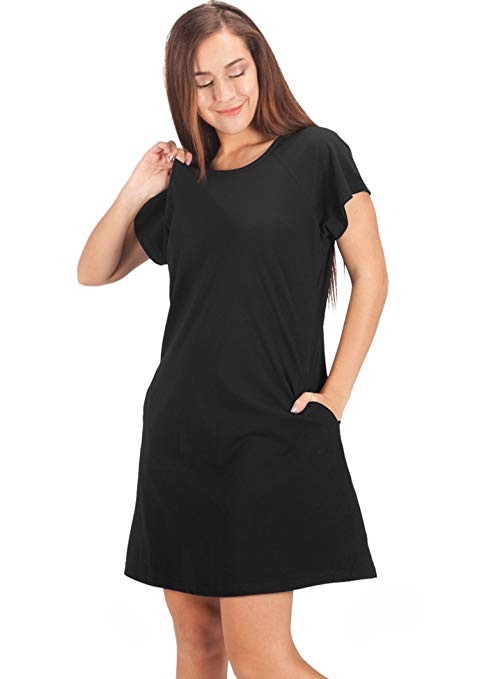 WEWINK CUKOO Women's 100% Cotton Nightshirt Short Sleeves Pockets Sleepshirt Loose Sleep Dress