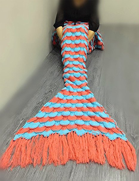 Mermaid Tail Blanket with Tassels OKAYSHOP Knitted Crocheted Soft Sleeping Bag for Adult (71"x35", Tassels Stripe)(Scales-Tassels-Orange)
