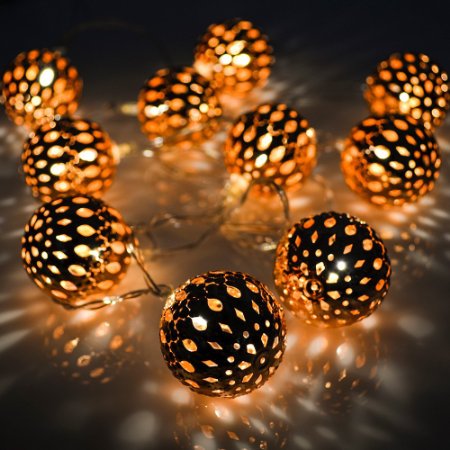 VOLADOR Battery Operated String Lights, 5.6ft 10 LED Copper Moroccan Orb Fairy Lights, Festival Ambiance Lighting, Christmas, Wedding, Party, Bedroom Décor Lights