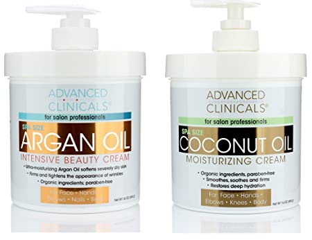 Advanced Clinicals Coconut Oil Cream and Argan Oil Cream Set. Value skincare set contains best-selling Coconut Oil and Argan Oil. Anti-aging creams for face, hands, body. Two spa size 16oz creams.