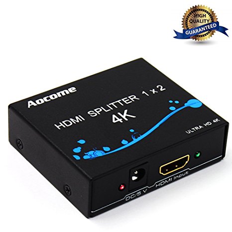 Aocome Ultra HD 4K HDMI Splitter Amplifier 1 In 2 Out, V1.4 Powered Splitter 1x2, Signal Distributor (1 hdmi to 2 hdmi), Support 4K 1080p 3D HD 3840 x 2160p All Compatible