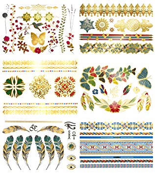 Tropical Boho Metallic Temporary Tattoos - Over 75 Colorful Gold Designs (6 Sheets) Terra Tattoos Layla Collection