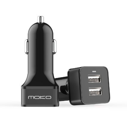 MoKo 24W/4.8A Premium Aluminum Dual Port USB Car Charger With Smart Charging Technology for iPhone 6S/6S Plus, iPad Pro 9.7"/ Pro 12.9"/ Mini 4/ Air 2, Android Devices And More, BLACK