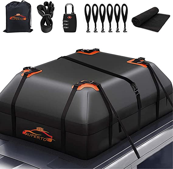 Rooftop Cargo Carrier Bag, 15 Cubic Feet Weatherproof Soft Shell Luggage Carrier Cargo Bag Includes Non-Slip Mat Lock 9 Reinforced Straps 6 Door Hooks Suitable for All Cars with/Without Rack
