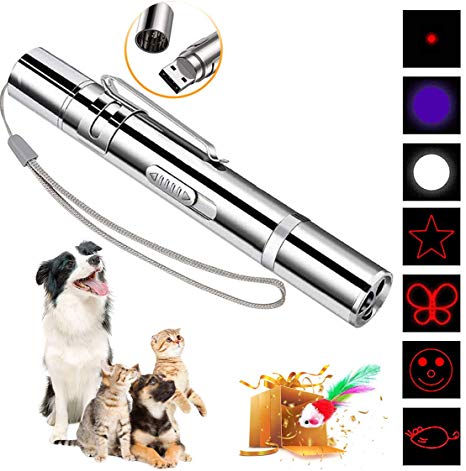 DMY Cat Toys Interactive-7 in 1 Function Chaser Toy-USB Rechargeable-Multi Pattern Funny & Mini Flashlight Interactive LED Light Entertain Training Tool for pet
