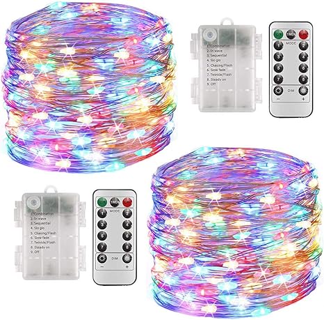 FANSIR Fairy String Lights, 2 Set 33ft 100 Led Fairy Lights Battery Operated Silver Wire Lights with Remote Control, 8 Mode Waterproof Lights for Garden Bedroom Centerpiece Party (Multicolor)