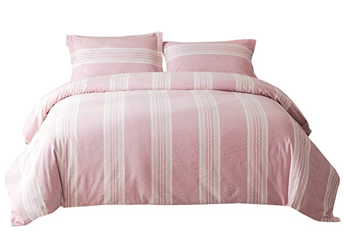 PHF Washed Cotton Duvet Cover and Shams Yarn Dyed Bedding Set 3-Piece Queen Size Pink