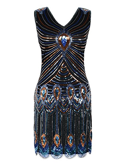 kayamiya Women's 1920s Beaded Peacock Pattern Sequin Fringe Gatsby Flapper Dress
