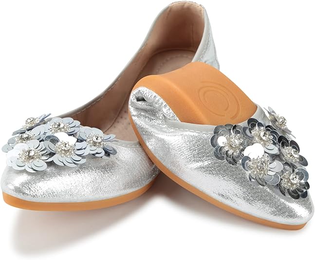 KUNWFNIX Women Ballet Flats Rhinestone Wedding Ballerina Shoes Foldable Sparkly Comfort Slip on Flat Shoes