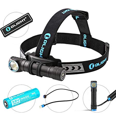 OLIGHT Bundle H2R Cree LED Up to 2300 lumens Rechargeable Headlamp Flashlight Customized Battery - Magnetic USB Charging Cable- Headband - Clip and Mount Patch (Cool White)