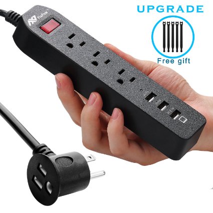 Power Strip (2016 Upgraded Version) FlePow® 3 AC Outlets Surge Protector 1250W/10A Mini Travel Charging Station with Unique Pass-Through Plug and 3 USB Charging Ports