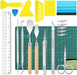 MMOBIEL 19 Pcs Vinyl A5 Cutting Mat Stainless Steel Craft Tool Set Including Scrapers, Professional Scalpel Knife, Spatula Spudgers, Ruler Tweezer and Scissors