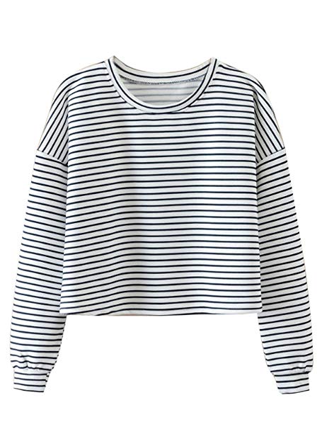 Joeoy Women's Loose Stripe Print Crop Top Sweatshirt Pullover