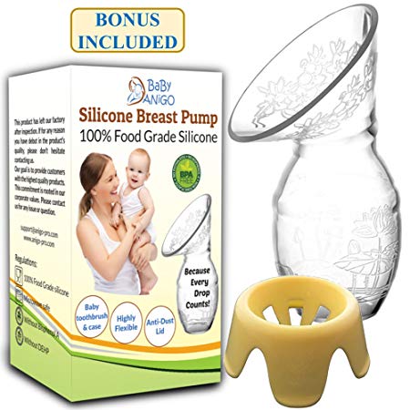 NEW 2019 UPGRADE | Silicone Manual Breast Pump Milk Saver | Breastfeeding Breastpump Natural Suction Increases Production | Anti-Spill Stand and Baby Finger Toothbrush & Case Included| 100% Food Grade BPA-Free