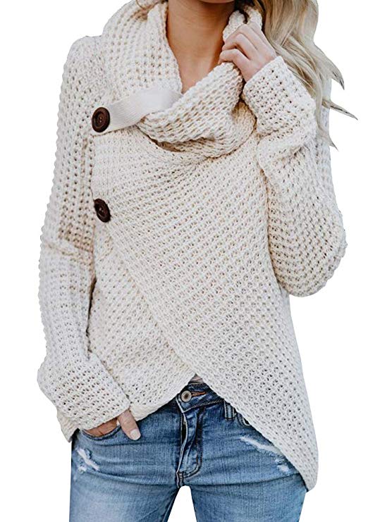 Shele Womens Turtleneck Sweater Warm Cable Knitted Loose Button Wrap Asymmetrical Pullover Tops