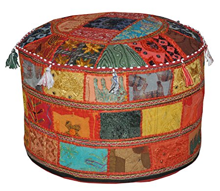 Indian Pouf Stool Vintage Patchwork Embellished with Patchwork Living Room Ottoman Cover, 23 X 13 Inches, Only Cover, Filler not Included