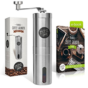 PrimeFolksCo. Manual Coffee Grinder & Brewing Tips EBook ~ Unique Fully Stainless Steel Hand Coffee Bean Mill with Adjustable Ceramic Burrs ~ Compatible with Aeropress for Compact Travelling