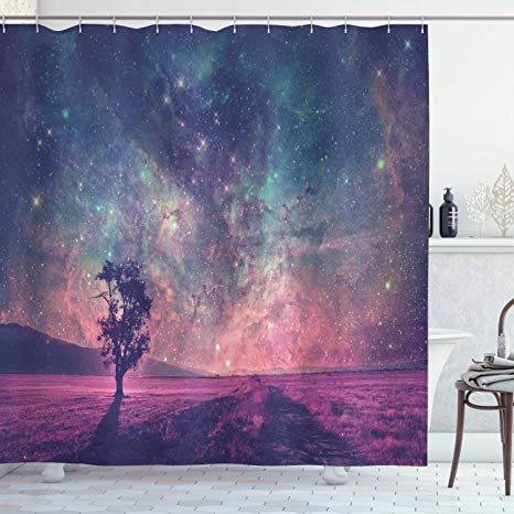 Ambesonne Galaxy Shower Curtain, Lonely Tree Silhouette Space NASA Furnished Elements Artwork, Cloth Fabric Bathroom Decor Set with Hooks, 84" Long Extra, Blue Purple