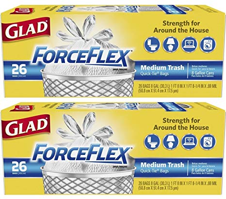Glad ForceFlex Quick-Tie Medium Trash Bags - Unscented - 8 Gallon - 52 Count - 2 Pack