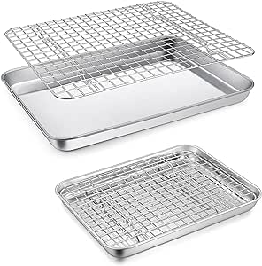 P&P CHEF Toaster Oven Pans Trays with Racks Set, 4 PCS (2 Pans   2 Racks), Stainless Steel Small Baking Pan and Cooling Rack for Oven Baking Cooking, Healthy & Easy Clean, 2 Sizes - 12.5” & 9”