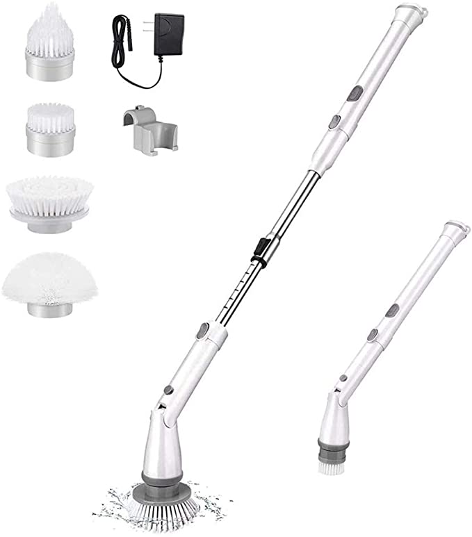 Electric Spin Scrubber Cordless Super Power Scrubber, Upgraded Tub and Tile Scrubber, Surface Cleaner with 4 Replaceable Brush Heads and 1 Extension Arm for Bathroom/Kitchen/Tub/Tile