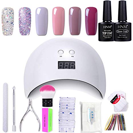 Gel Nail Polish HNM 6 Gel Nail Starter Kit with 24W LED Curing Lamp Base and Top Coat UV LED Soak Off Nail Polish Remover Wrap Manicure Tools Gift Set