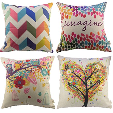 HOSL P110 4-Pack Cotton Linen Square Decorative Throw Pillow Case Cushion Cover ( 1x Owls with Birdcage, 1x Love Tree, 1x Multicolor Zig Zag Chevron, 1x Colorful Imagine )