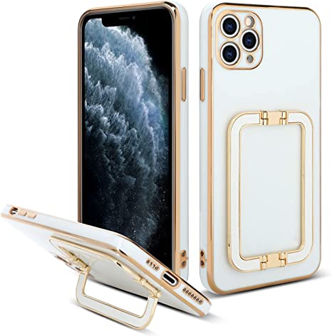 LSL for iPhone 11 Pro Case Cute White Gold Luxury for Women Girls with Stand Folding Bracket Slim Full Camera Lens Protection Anti-Scratch Electroplate Shockproof Bumper Cover