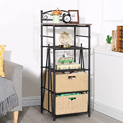 VECELO 5-Tier Foldable Shelves Units with Removable Wicker Baskets,Metal Rack, Kitchen Storage Shelf Organizer, 16”X13”X43”, Coffee