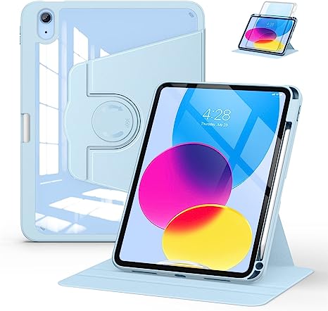 Soke Rotating Case for iPad 10th Generation 10.9-Inch 2022 with Pencil Holder - 360 Degree Rotate Stand Protective Case with Clear Back & Smart Sleep/Wake Cover - Sky Blue