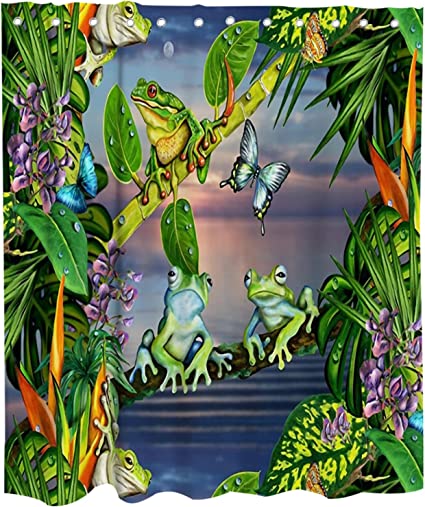 Lifeasy Tropical Forest Tree Frog Shower Curtain Palm Leaves Jungle and Flowers Theme Fabric Bathroom Decor Sets with Grommets and Hooks 72" L x 60" W
