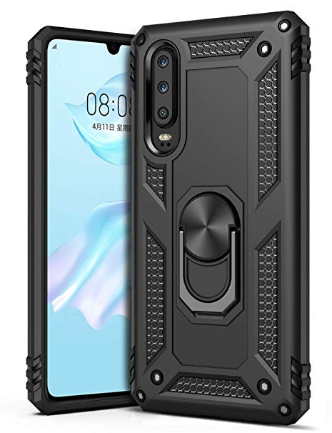 GREATRULY Ring Kickstand Phone Case for Huawei P30,Heavy Duty Dual Layer Drop Protection Huawei P30 Case,Hard Shell   Soft TPU   Ring Stand Fits Magnetic Car Mount,Black