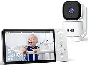 GHB Baby Monitor with Camera and Night Vision 5'' 720P HD 5000mAh Video Baby Monitor Camera Remote Pan and Tilt, IPS Screen, VOX Mode, 2-Way Audio, Temperature Alert, 8 Lullabies